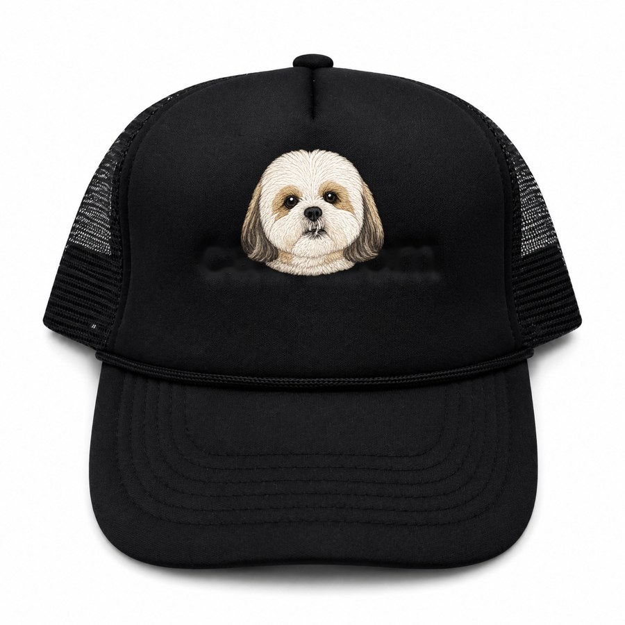 Custom pet hat example — embroidered dog face on a black hat