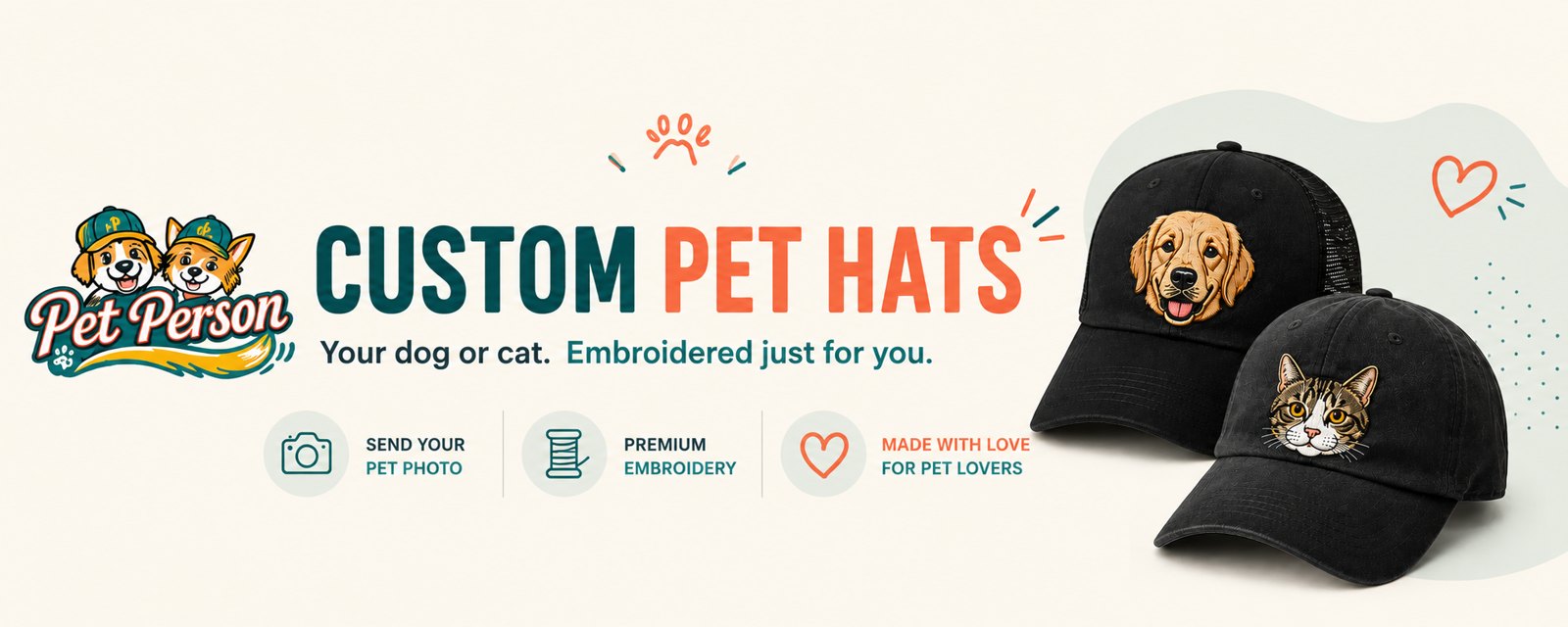 Custom Pet Hats — your dog or cat, embroidered just for you. Send your pet photo, premium embroidery, made with love for pet lovers.