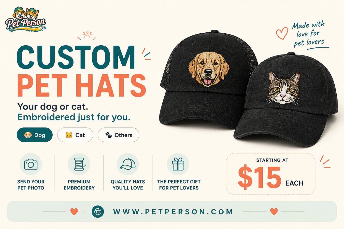 Custom Pet Hats — your dog or cat, embroidered just for you. Starting at $15 each.